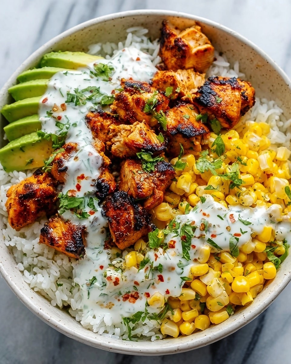 The dish shows three layers starting with a base layer of white rice that looks soft and fluffy. On top of the rice is the second layer of grilled chicken pieces, dark brown with char marks, giving a slightly crispy texture. The third layer includes a creamy white sauce drizzled over the chicken and bright yellow corn kernels mixed with small green herbs spread on one side. The food is served on a white plate placed on a white marbled texture surface. Photo taken with an iphone --ar 4:5 --v 7