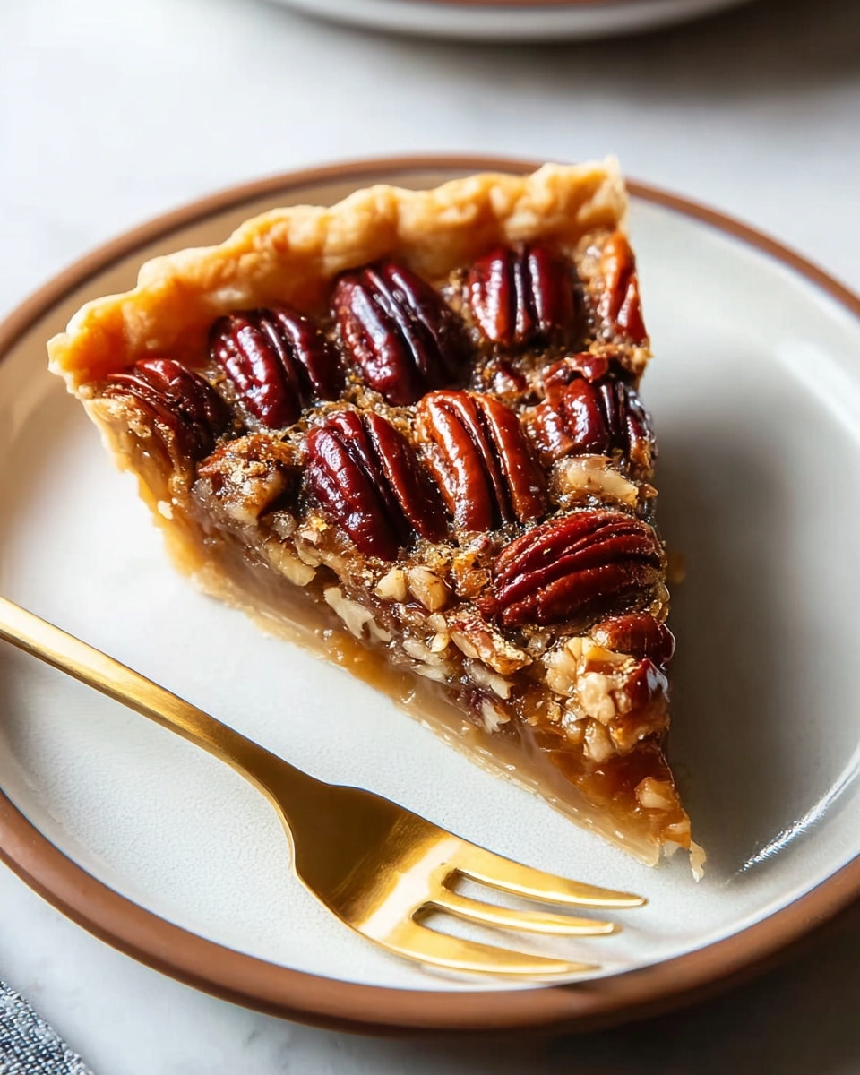 A single slice of pecan pie sits on a white plate with a thin brown rim, featuring three main layers: a golden-brown, crinkled crust at the bottom, a smooth, caramel-colored filling in the middle, and a top layer densely packed with glossy, toasted pecans in rich brown and reddish hues. The pecans are arranged closely and cover the entire surface. A gold fork rests on the right side of the plate, and the plate is on a white marbled surface with soft natural lighting coming from the upper right side. Photo taken with an iphone --ar 4:5 --v 7