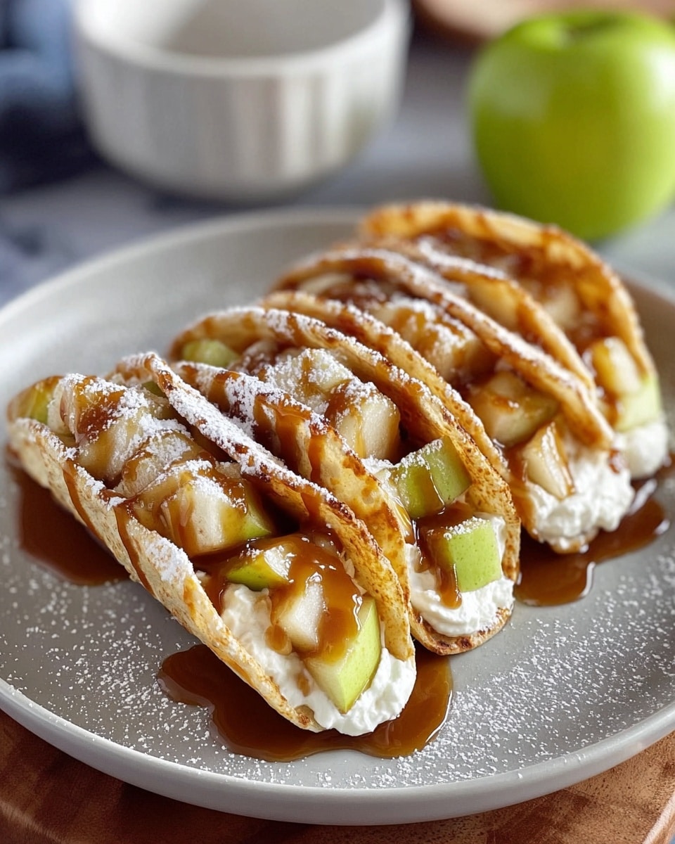 Three small apple pastries sit close together on a white plate. Each pastry has a bottom layer of golden brown crust with a crumbly texture, topped with a thick white cream layer. On top of the cream, there are chunky cubes of cooked apples in a shiny caramel sauce that drips slightly onto the plate. The pastries are sprinkled with powdered sugar, adding a delicate white dust over the golden crust and the plate’s surface. The plate rests on a white marbled textured surface with blurred green apples and nuts in the background. Photo taken with an iphone --ar 4:5 --v 7