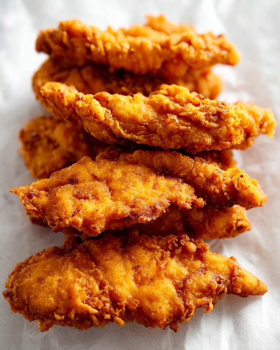 The image shows five pieces of golden brown fried chicken strips stacked on each other on white parchment paper. The chicken pieces have a crispy, crunchy texture with uneven, rough edges and a mix of light and darker golden colors showing the fried batter. The background is a white marbled surface. Photo taken with an iphone --ar 4:5 --v 7