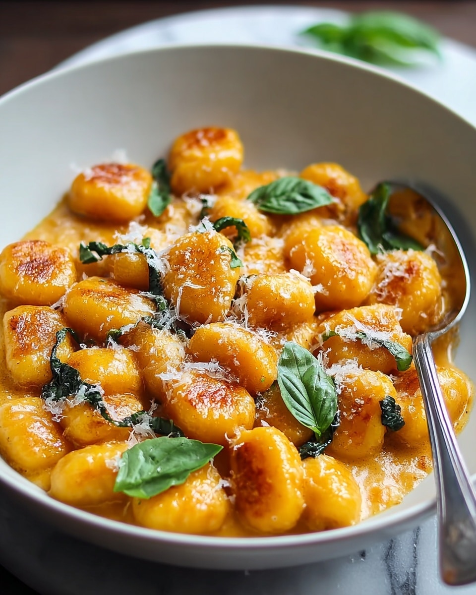 A shallow white bowl filled with about two layers of golden-brown gnocchi pieces, each gnocchi showing a slightly crispy, browned outer texture with a soft, smooth inside, all coated in a thick, creamy orange sauce. Scattered fresh green basil leaves add a splash of color on top, along with a light sprinkling of fine grated white cheese melting slightly over the gnocchi. A silver spoon is partially submerged on the right side, and the background is softly blurred with a white marbled texture under the bowl. photo taken with an iphone --ar 4:5 --v 7