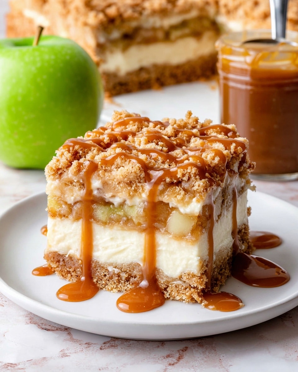 A square slice of crumb cake sits center on a white plate, showing four distinct layers: a golden brown crumbly crust at the bottom, a thick creamy white cheesecake layer, a soft tan apple filling with visible fruit chunks above it, and a rough, golden crumb topping. The cake is drizzled with smooth, shiny caramel sauce flowing down the crumb topping. In the background on a white marbled surface, part of the rest of the crumb cake is visible, slightly out of focus, along with a whole green apple on the left and a glass jar of caramel with a spoon on the right. Photo taken with an iphone --ar 4:5 --v 7