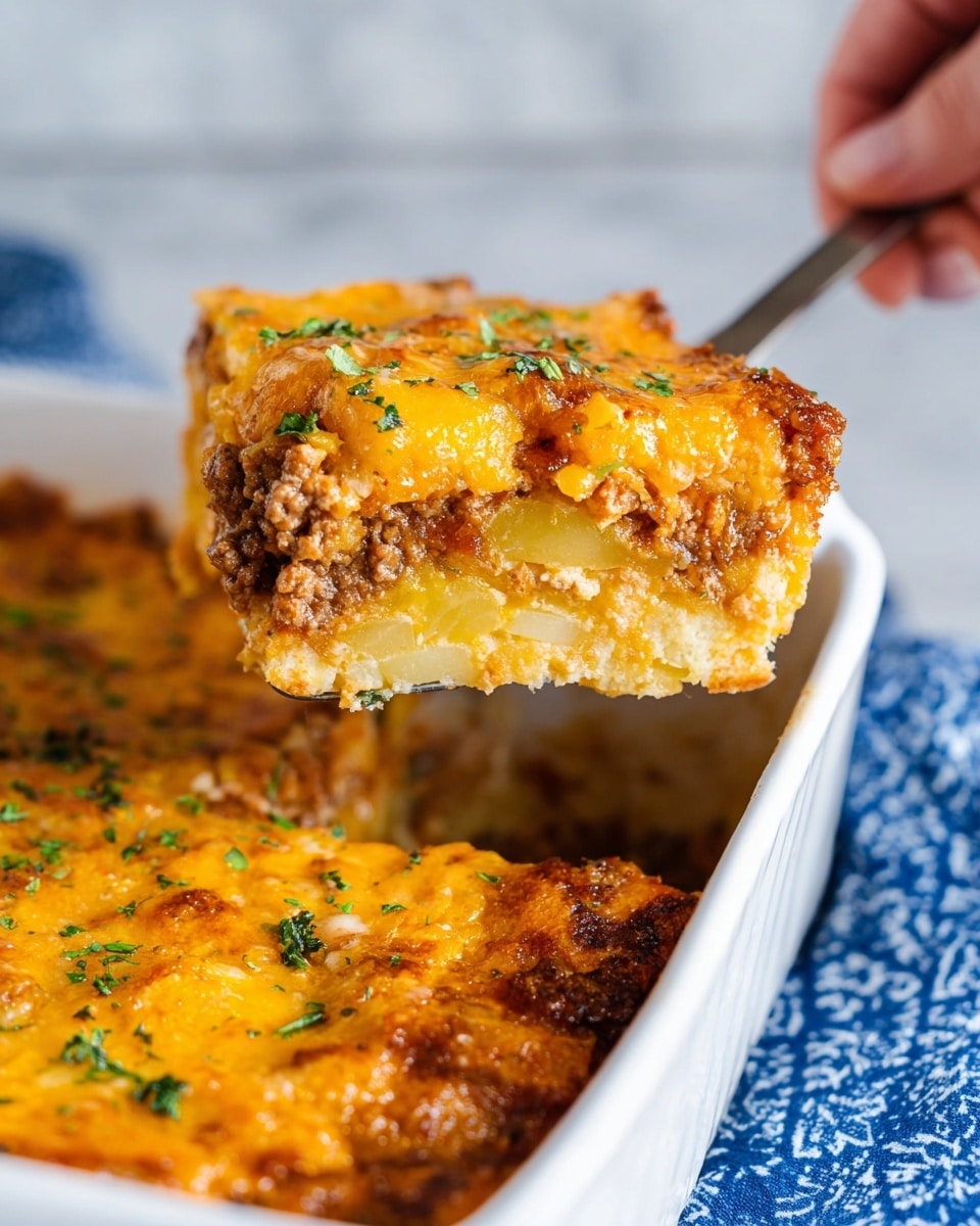 A close-up of a square piece of baked casserole being lifted by a metal spatula held by a woman's hand, showing three visible layers: the bottom layer is a chunky, light yellow potato mix, the middle layer is a brown ground meat filling, and the top layer is gooey, melted golden cheese with small bits of green herbs sprinkled over it, all within a white baking dish resting on a blue patterned cloth, set against a white marbled textured background. photo taken with an iphone --ar 4:5 --v 7