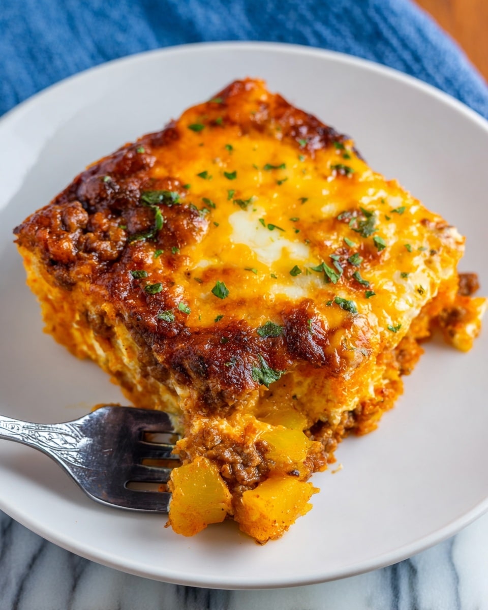 A thick, square slice of cheesy baked casserole sits on a white plate, showing a golden brown top layer with melted cheese that is bubbly and slightly crispy at the edges, dotted with bits of finely chopped green herbs. Below the cheese, there is a rich, textured orange layer mixed with browned crumbles of what looks like seasoned ground meat. The fork holds a small piece of the casserole, revealing another layer of soft, cubed yellow vegetables or potatoes and a moist, orange sauce beneath. The plate is placed on a white marbled surface with a hint of a blue cloth in the background. photo taken with an iphone --ar 4:5 --v 7