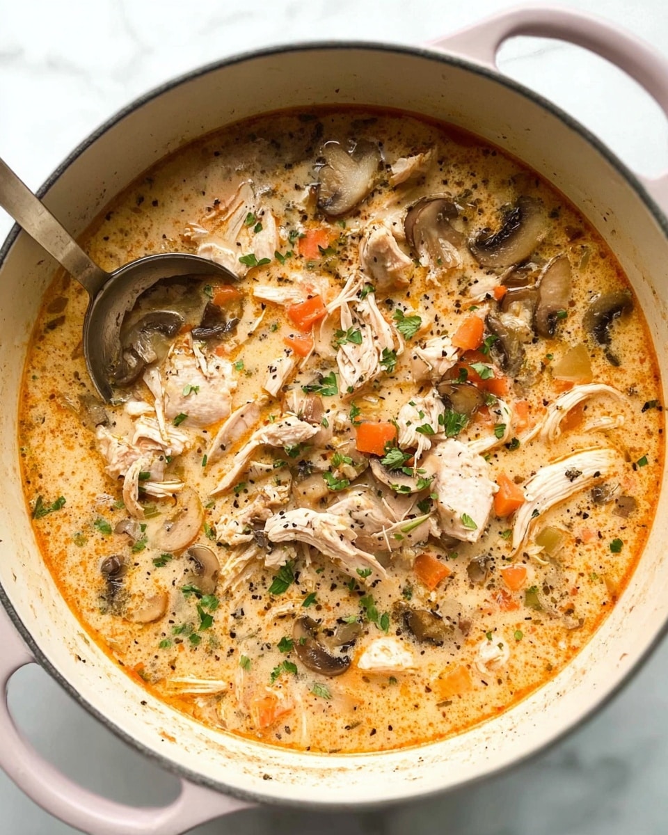 The image shows a creamy soup in a white pot with a light pink handle, filled with shredded chicken pieces, light brown cooked mushrooms, small diced orange carrots, and green herbs sprinkled on top. The broth is rich and creamy with an orange tint, having a slightly oily surface with visible specks of black pepper. The soup has a layered look with floating mushroom slices and chicken chunks spread evenly, some pieces submerged and some resting on top. A metal ladle is partially dipped into the soup on the left side. The pot sits on a white marbled surface. photo taken with an iphone --ar 4:5 --v 7