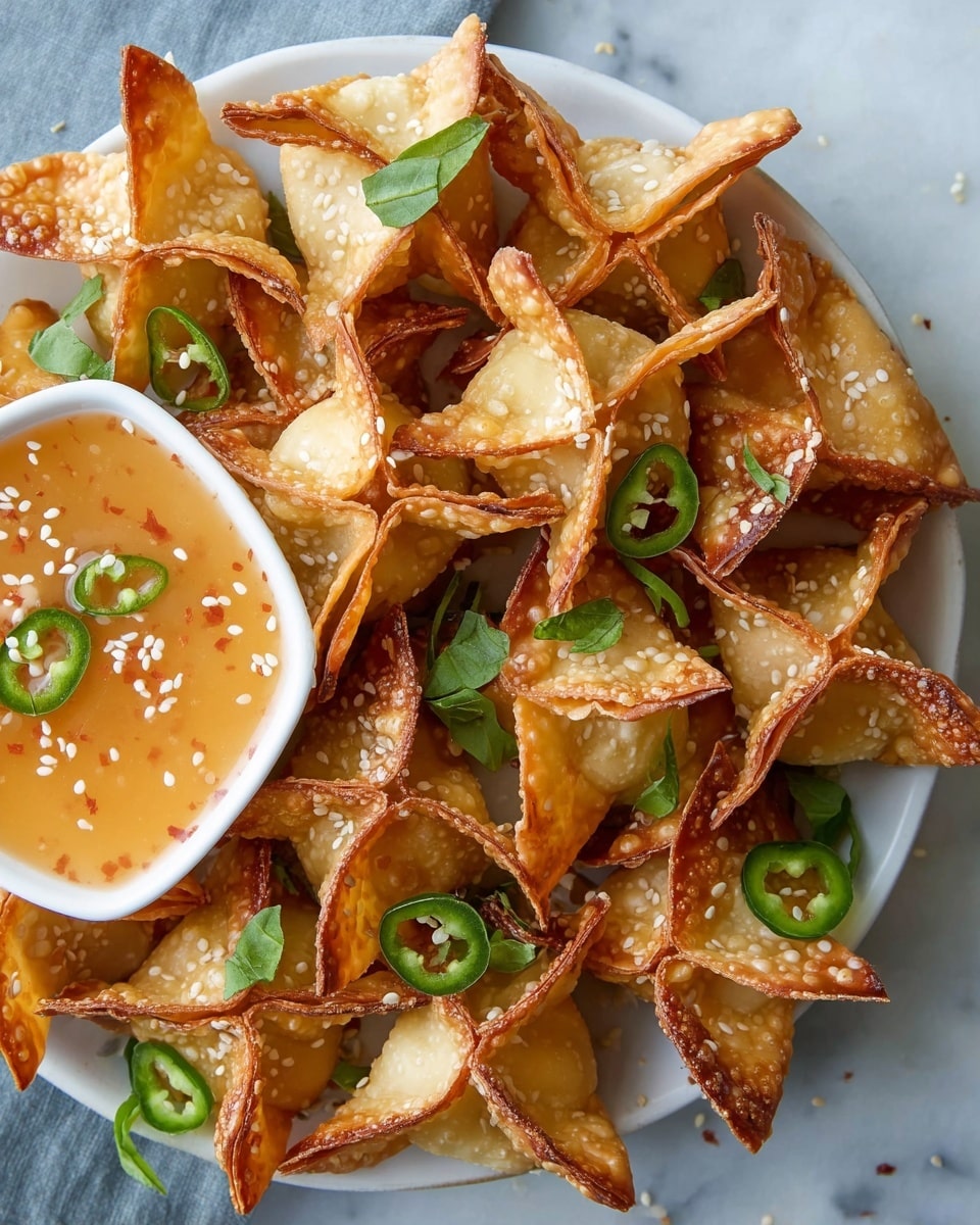 The image shows a white plate filled with golden-brown fried wontons, each shaped like a small pouch with four pointed corners folded outward and slightly crispy edges. The wontons are sprinkled with white sesame seeds and scattered with fresh green basil leaves and sliced jalapeño pieces. On the side of the plate, partially visible, is a small white bowl with a light orange dipping sauce topped with thin green herbs. The plate sits on a white marbled surface with a few sesame seeds scattered around. photo taken with an iphone --ar 4:5 --v 7