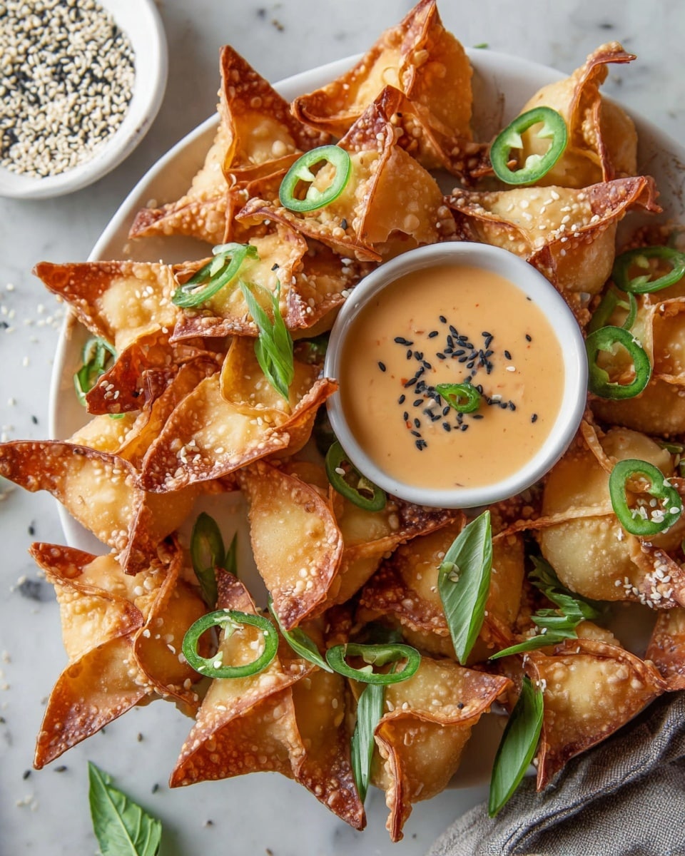 A white plate filled with crispy golden brown fried wontons shaped like small pyramids, some topped with thin green jalapeño slices and white sesame seeds, scattered fresh basil leaves adding green contrast. In the center of the plate, there is a small white bowl containing a creamy light orange dipping sauce with black and white sesame seeds sprinkled on top and garnished with thinly sliced green onions. The plate is set on a white marbled surface with a small white bowl of sesame seeds nearby. Photo taken with an iphone --ar 4:5 --v 7