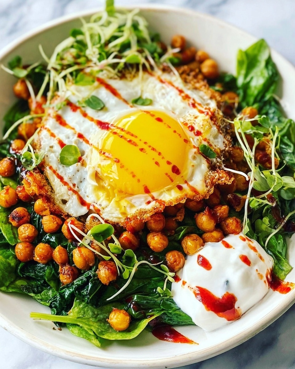 A white plate filled with a colorful breakfast dish layered with bright green sautéed leafy vegetables at the bottom, topped with golden-brown roasted chickpeas scattered evenly, a sunny-side-up egg with a vibrant yellow yolk in the center, and a dollop of white creamy sauce on the side. The egg and sauce have thin red sauce drizzles, and fresh green microgreens are sprinkled on top. The dish is set on a white marbled background, creating a fresh and healthy visual. Photo taken with an iphone --ar 4:5 --v 7
