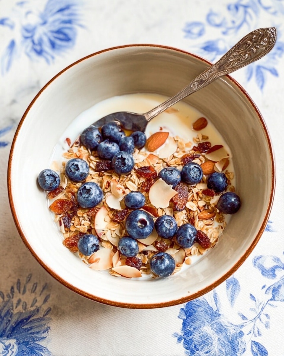 A white bowl filled with creamy milk as the base layer, topped with a mix of golden oats, light brown pecan pieces, toasted coconut flakes in pale beige, and shiny golden raisins scattered throughout. On top of the granola, there is a layer of fresh, plump blueberries in deep blue, some resting on the spoon with a silver handle that is placed inside the bowl, leaning on the right side. The bowl sits on a white marbled surface with hints of blue floral fabric underneath. photo taken with an iphone --ar 4:5 --v 7