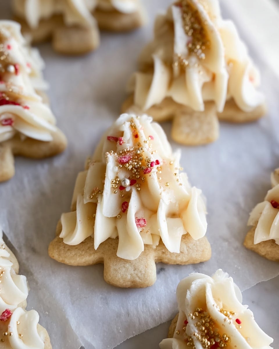 Several small cookies shaped like Christmas trees are arranged on white parchment paper over a white marbled surface. Each cookie has a thick base layer of light beige dough with a smooth texture. On top, there are layers of piped off-white frosting in vertical ridges, creating a fluffy, flowing look that mimics tree branches. The frosting is decorated with tiny golden sprinkles and small red and white edible beads scattered unevenly across the top. The close-up view shows the texture of both the cookie base and the creamy frosting in detail, with a soft natural light highlighting the shapes and colors. photo taken with an iphone --ar 4:5 --v 7