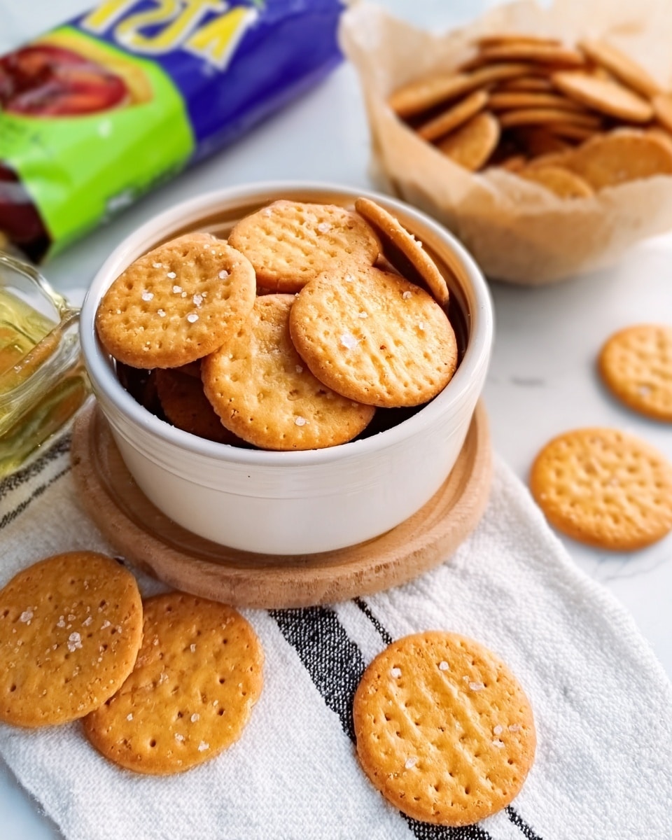 A close-up view of a white bowl filled to the top with small round crackers that are golden brown in color and have a shiny, glossy surface dotted with coarse salt. The bowl sits on a round wooden coaster, and another bowl filled with similar crackers is blurred in the background. The whole scene is placed on a white marbled surface with a white cloth featuring thin black stripes partially visible beneath the bowl. Photo taken with an iphone --ar 4:5 --v 7