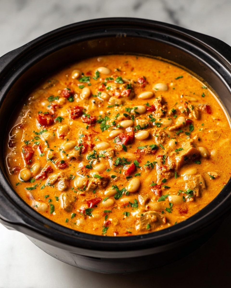 A white bowl sits on a folded blue patterned napkin on a white marbled surface, filled with creamy chili made of white beans and chunks of red tomatoes in a rich orange sauce. On top, there is a bright yellow layer of shredded cheese with a sprinkle of chopped green herbs and a sprig of cilantro beside it. A wedge of lime adds a fresh green touch at the edge, and a spoon rests partially submerged in the bowl. Surrounding the bowl is a loose circle of light tan round tortilla chips with visible texture. photo taken with an iphone --ar 4:5 --v 7
