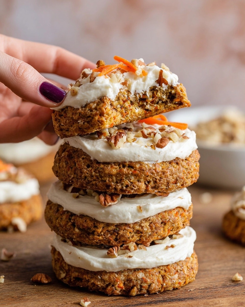 A stack of four thick, round carrot cake cookies with a rough textured brown-orange base filled with visible bits of grated carrot and nuts. Between each cookie is a thick, creamy white frosting layer, smooth but slightly whipped in appearance. The top cookie has a generous spreading of the same white frosting, decorated around the edges with small pieces of chopped walnuts and a few thin shreds of bright orange carrot. A woman's hand with dark purple painted nails is holding the top cookie, lifting it slightly from the stack. The cookies are on a wooden surface with a blurred white bowl of nuts in the background and a white marbled texture as the overall setting. photo taken with an iphone --ar 4:5 --v 7