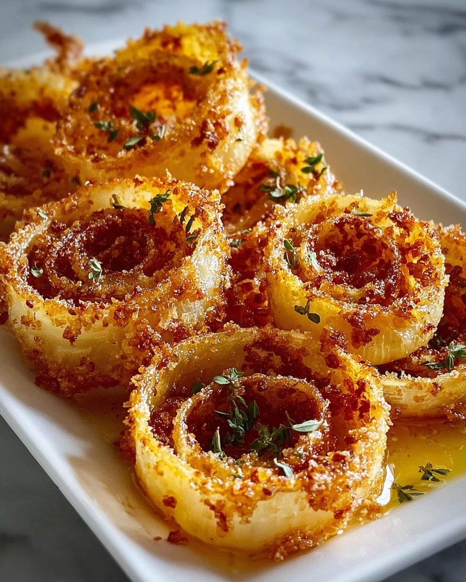 The image shows several golden brown, crispy fried onion rings stacked in a white dish with a shallow layer of creamy sauce at the bottom. Each onion ring has a crunchy, textured outer layer with uneven browning, and finely chopped green herbs sprinkled on top and in the sauce. The onion rings are thick and stacked close together, with a glistening surface from the oil and sauce. The background is a white marbled texture. Photo taken with an iphone --ar 4:5 --v 7