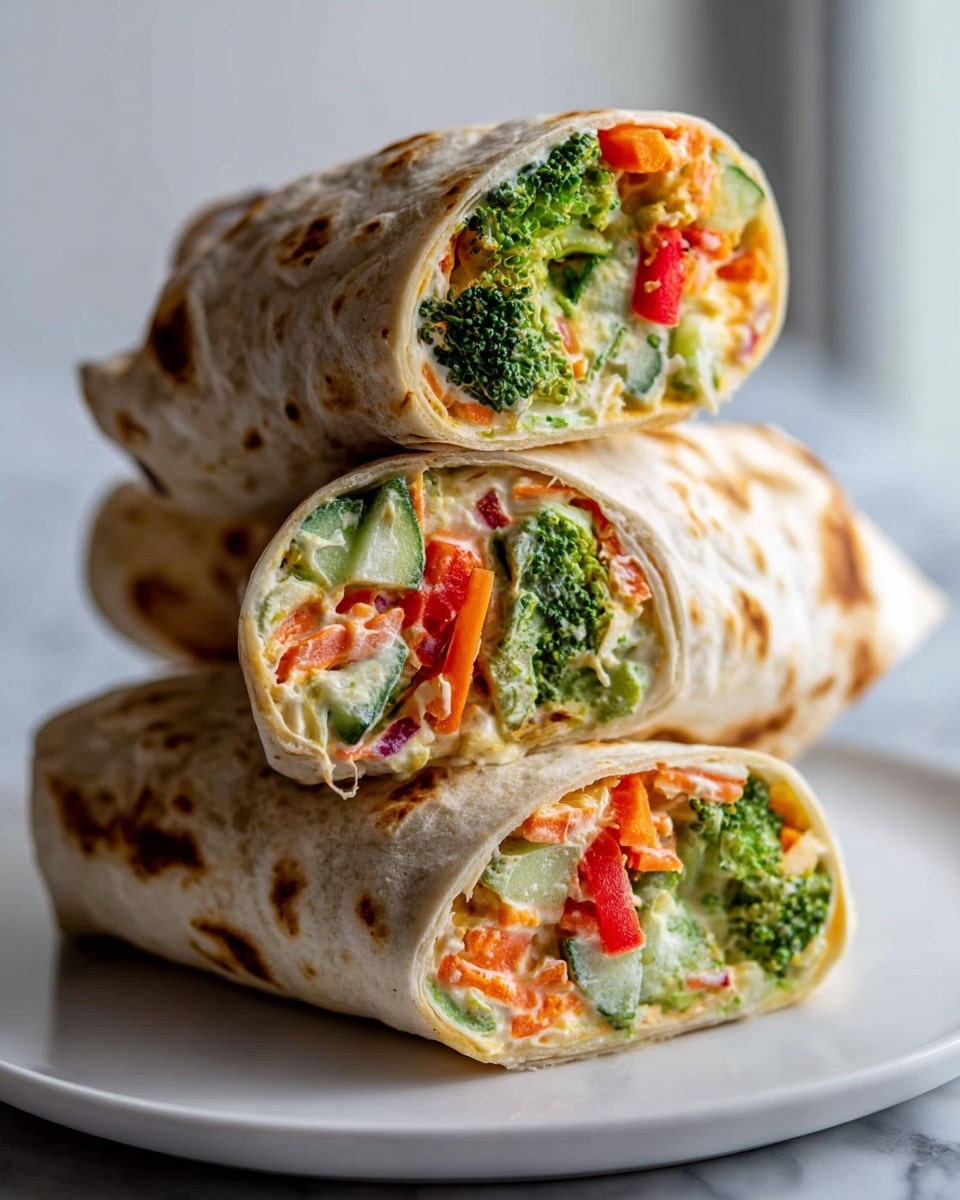 Three tortilla wraps stacked on a white plate, each cut in half showing the colorful filling inside. The outer layer is a soft, lightly toasted tortilla with brown spots. Inside, there are several layers: green broccoli florets, red bell pepper slices, orange shredded carrots, creamy white spread, and small pieces of green cucumber, all mixed together in a thick creamy layer. The wraps are placed on a white marbled surface with soft light coming from the background. Photo taken with an iphone --ar 4:5 --v 7