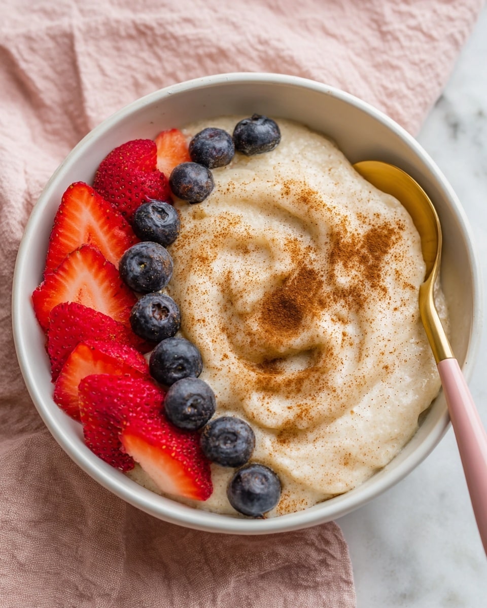 A white bowl filled with a soft, creamy light beige mixture, swirled on top with a dusting of fine brown cinnamon powder. On one side of the bowl, there is a neat line of fresh, vibrant red strawberry slices interspersed with plump, deep blue blueberries, adding bright colors and textures. A golden spoon with a pink handle rests on the right side, partially submerged in the creamy base. The bowl sits on a white marbled surface with a soft pink cloth nearby. photo taken with an iphone --ar 4:5 --v 7