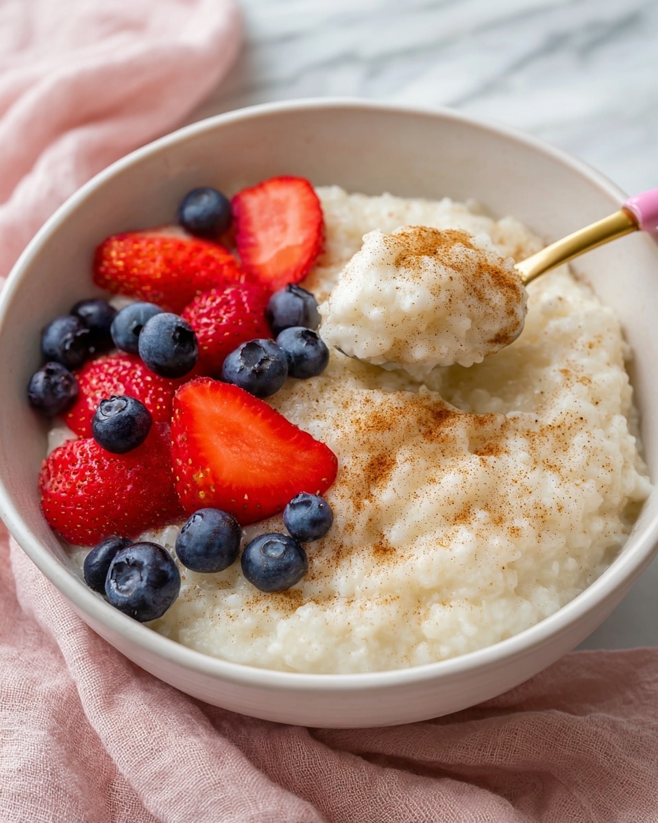 A white bowl filled with creamy rice pudding topped with a light dusting of cinnamon over the smooth, slightly grainy surface. One side of the bowl holds fresh, bright red sliced strawberries and deep blue blueberries arranged closely together in a colorful cluster. Above the bowl, a golden spoon with a pink tip holds a scoop of the creamy pudding showing its soft and textured consistency. The bowl rests on a white marbled surface with a soft pink cloth partially visible underneath. photo taken with an iphone --ar 4:5 --v 7