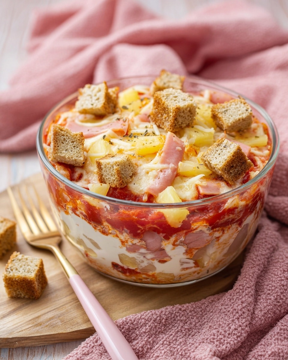 A clear glass bowl filled with baked layered food, the bottom layer is creamy white with herbs, the middle layer is bright red tomato sauce, and the top is melted light yellow cheese with small browned parts, mixed with pieces of thin pink ham and yellow chunks of pineapple, scattered on top are several cubed pieces of light brown crusty bread with a rough texture, all placed on a wooden surface with a soft pink textured cloth nearby and a gold and pink fork resting next to the bowl, photo taken with an iphone --ar 4:5 --v 7