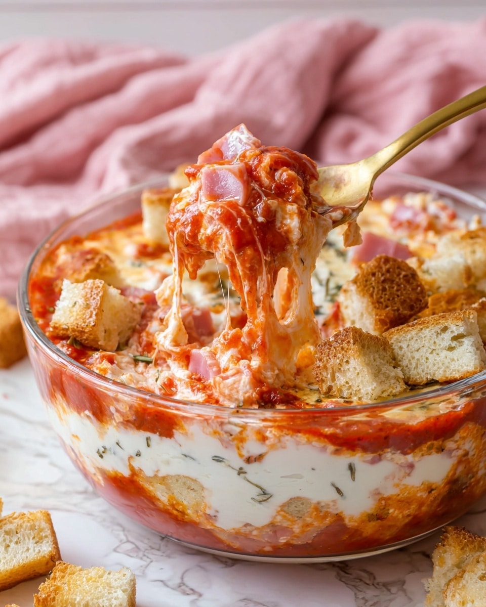 The image shows a layered dip in a clear glass bowl with three visible layers: the bottom layer is creamy white with herbs, the middle layer is thick and bright red tomato sauce with some melted cheese that has browned a little, and the top layer has small chunks of toasted beige bread scattered around. A golden spoon is lifting a portion of the dip, showing melted cheese and sauce dripping over a mix of pinkish chunks that look like ham pieces. The whole scene sits on a white marbled surface with a soft pink cloth in the background. Photo taken with an iphone --ar 4:5 --v 7