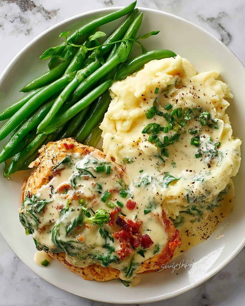 The image shows a pan filled with four pieces of golden-brown chicken breasts partially covered in a thick, creamy white sauce. The sauce has green spinach leaves and small chopped red bits, likely bacon or ham, scattered throughout. The chicken is slightly browned and has a textured surface from searing, while the sauce looks smooth and rich, pooling around the chicken. There are also some fresh green herbs sprinkled on top, adding a touch of color and freshness. The pan is placed on a white marbled surface, with a white cloth featuring black writing partially visible under the pan's handle. Photo taken with an iphone --ar 4:5 --v 7