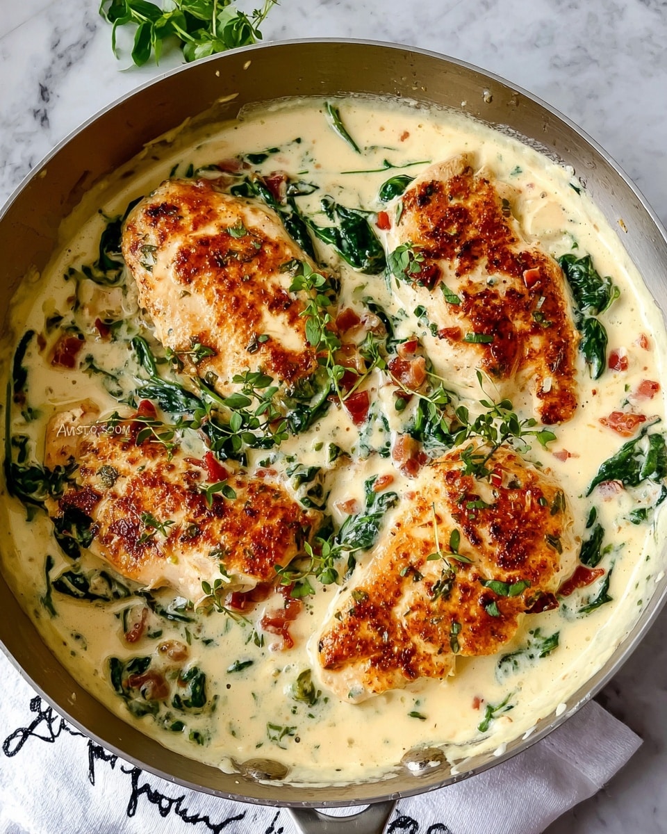 A white plate holds a meal with three main parts: steamed green beans at the top, bright green and smooth in texture; mashed potatoes on the right side, creamy and pale yellow, topped with a thick creamy sauce flecked with black pepper and fresh spinach leaves; and on the left side, a grilled chicken breast with a browned, slightly crispy surface, covered with the same creamy sauce mixed with spinach and bits of bacon, garnished with chopped green herbs. The plate sits on a white marbled surface. photo taken with an iphone --ar 4:5 --v 7