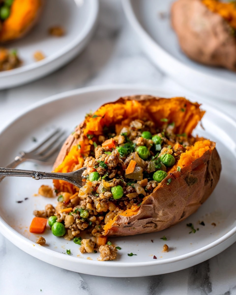 A white plate holds a baked sweet potato split open, showing a bright orange soft inside layer. On top and inside the potato, there is a mixed layer of cooked ground meat and vegetables including green peas and small bits of carrot, all having a light brown and green tone with a slightly chunky texture. A silver fork is placed inside the potato, pressing into the filling. The background is a white marbled surface with another blurred white plate in the back. Photo taken with an iphone --ar 4:5 --v 7
