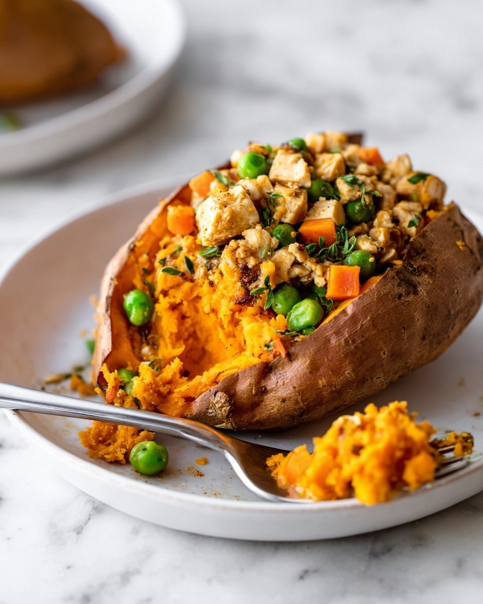 A baked sweet potato cut open on a white plate with a white marbled texture background, filled with a mixture of small pieces of cooked chicken or tofu, bright green peas, diced orange carrots, and some herbs mixed in. The sweet potato has a rough brown skin with bright orange soft flesh inside. A silver fork rests inside the sweet potato with some filling and mashed sweet potato on it, and some of the filling is spilling out onto the plate. Photo taken with an iphone --ar 4:5 --v 7
