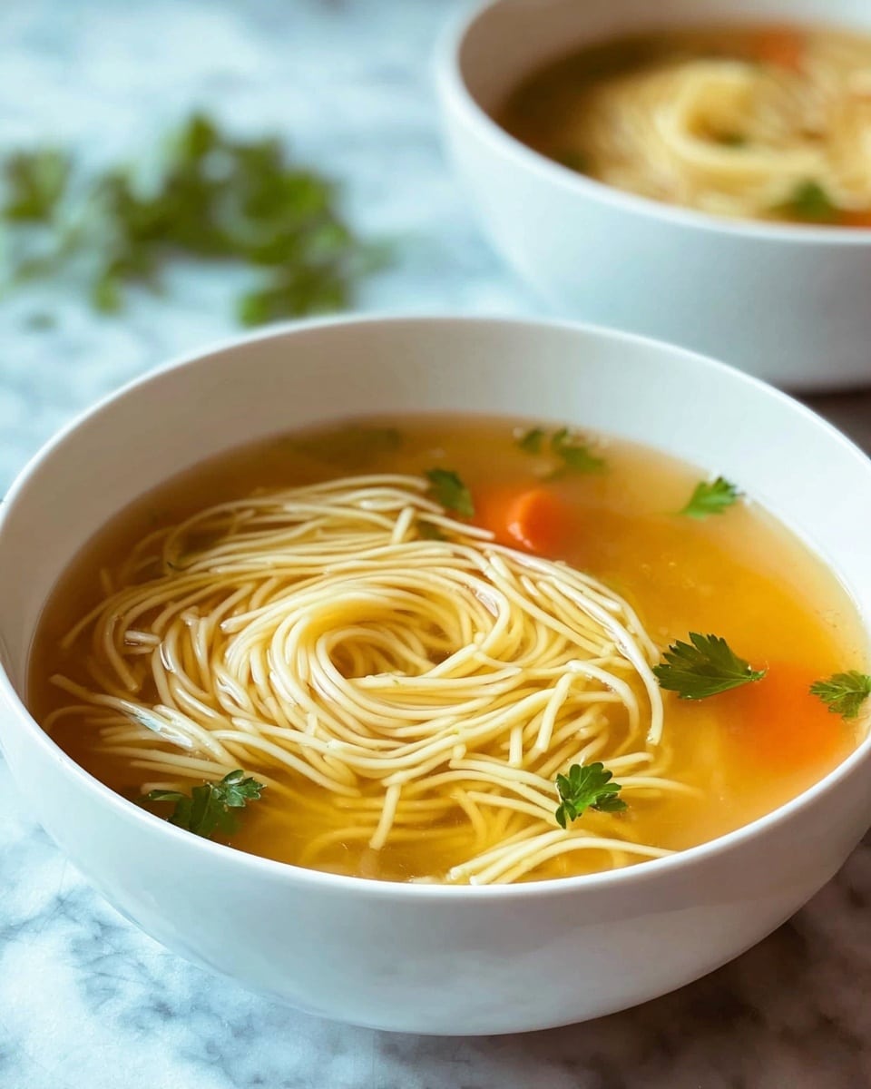 The image shows a white bowl filled with clear golden broth, with thin, light yellow noodles arranged in a loose swirl in the center. Small pieces of orange carrot are visible in the soup, and a few green parsley leaves float on top, adding a touch of color. In the background, there is another white bowl with the same soup and some blurred green herbs. The bowls sit on a white marbled textured surface with a soft, natural light enhancing the warm tones of the soup. photo taken with an iphone --ar 4:5 --v 7