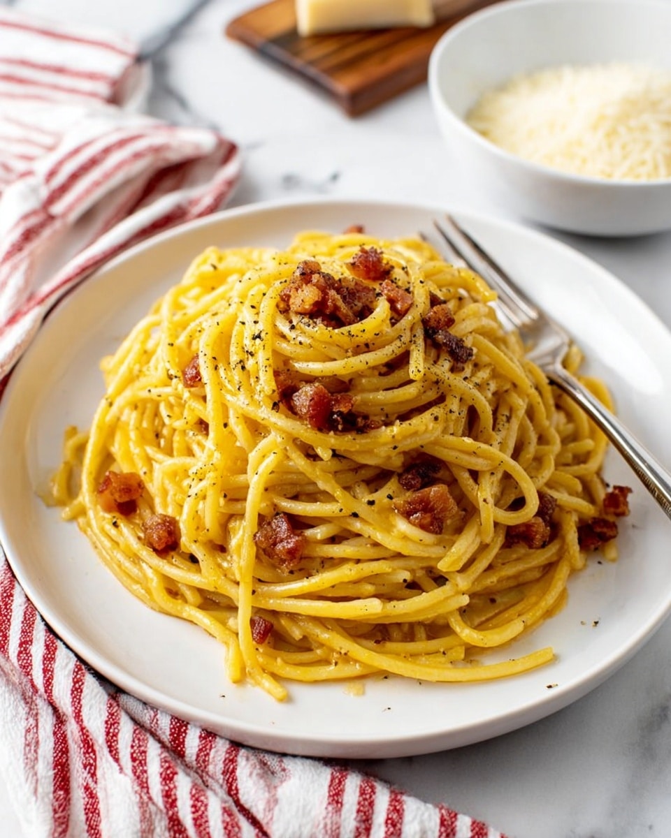 A white plate holds a neat mound of yellow spaghetti noodles coated in a glossy sauce, mixed with several small, browned pieces of crispy bacon scattered evenly throughout. The top is sprinkled with ground black pepper, adding small dark specks across the noodles. A silver fork rests on the right side of the plate, partially under the pasta. The plate sits on a white marbled surface, with a red and white striped cloth draped casually to the left and a small white bowl filled with grated cheese visible in the blurred background. photo taken with an iphone --ar 4:5 --v 7