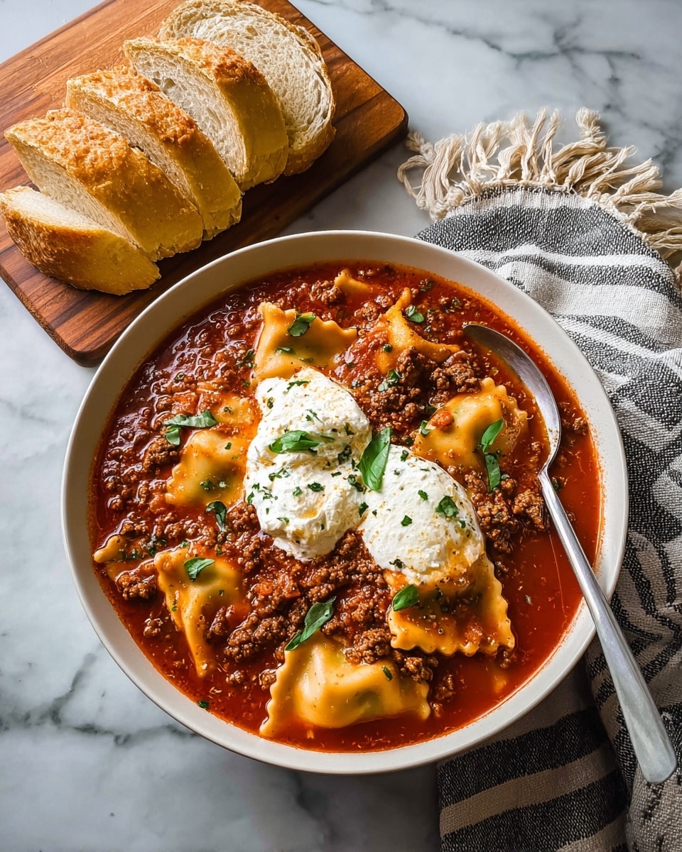 A white bowl filled with a rich red tomato sauce contains large, flat, ruffled lasagna noodle pieces partially submerged, with browned ground meat scattered throughout. On top, two generous dollops of white creamy ricotta cheese rest near the center, surrounded by small green basil leaves for garnish. A silver spoon is placed inside the bowl on the right side. Behind the bowl, a wooden cutting board holds a loaf of sliced crusty bread with a golden-brown crust and soft beige inside. To the right, there is a folded striped cloth napkin with fringe. All is set on a white marbled surface. photo taken with an iphone --ar 4:5 --v 7