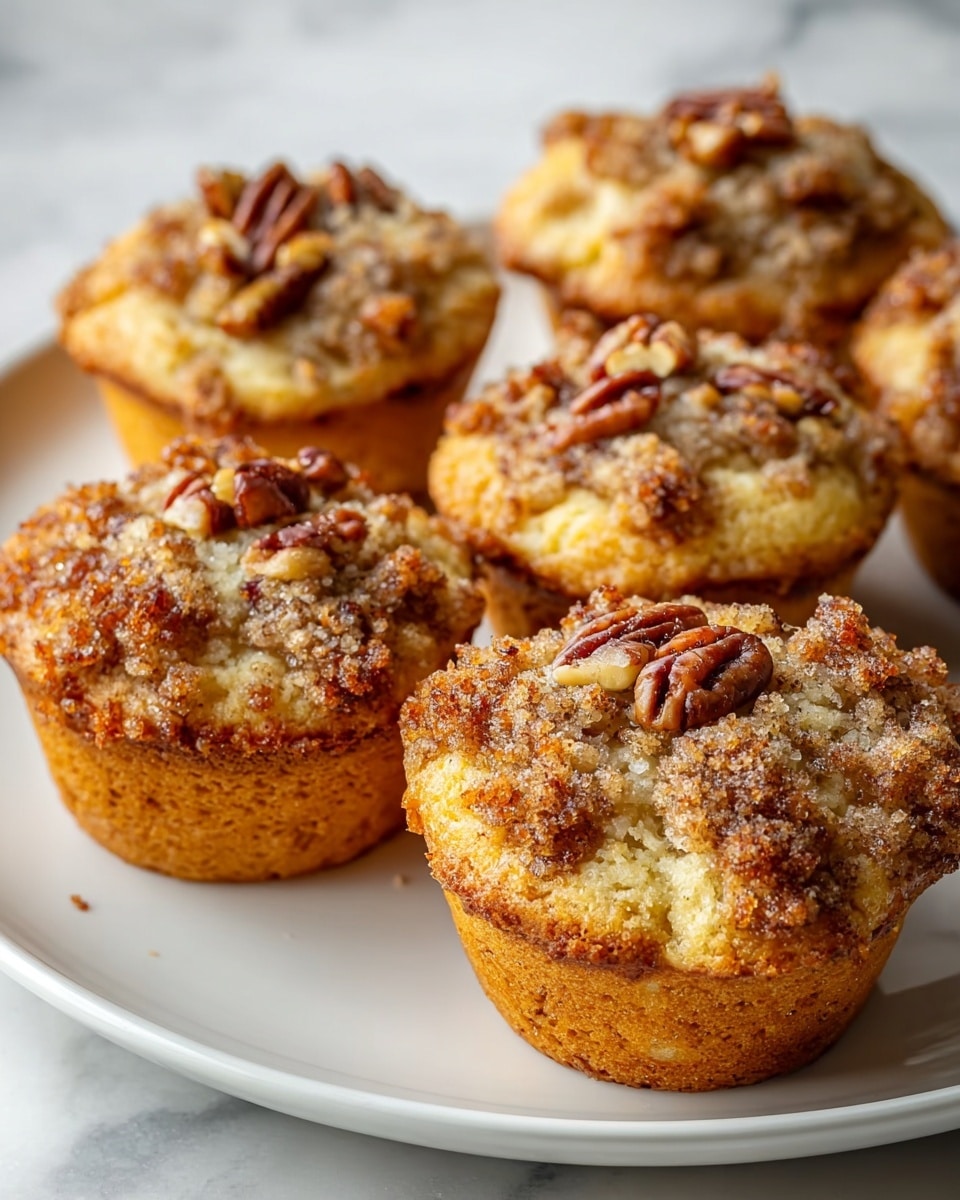 Six muffins sit close together on a white plate over a white marbled surface. Each muffin has a golden brown base with a rough texture and a crumbly, pale top layer mixed with sugar granules and coated with small chunks of toasted pecans. The muffins look moist and slightly crumbly, with pecan pieces scattered unevenly on top, giving a crunchy appearance. The photo was taken with an iphone --ar 4:5 --v 7