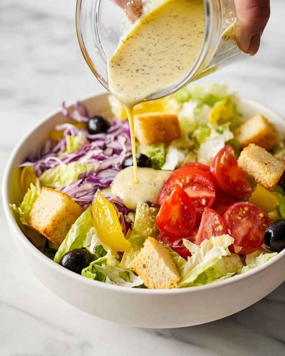 A fresh salad in a white bowl sits on a white marbled surface, with a woman's hand pouring yellow salad dressing over it from a glass container. The salad has several layers: the base is mostly light green lettuce leaves mixed with some purple cabbage shredded pieces, with scattered black olives. On top, there are bright red tomato slices and yellow pepperoncini peppers, along with golden-brown croutons. The dressing is thick, creamy, and speckled with herbs, flowing down over the vegetables. Photo taken with an iphone --ar 4:5 --v 7
