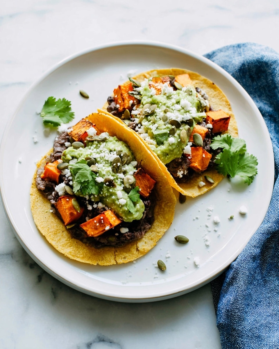 Two tacos are placed on a white plate set on a white marbled surface. Each taco has three layers starting with a soft, light yellow corn tortilla at the bottom. On top of the tortilla, there is a layer of dark brown refried beans. Next, bright orange roasted sweet potato cubes are scattered on the beans. The top layer consists of a green guacamole sauce drizzled over the sweet potatoes, sprinkled with light white crumbles of cheese and some light green pumpkin seeds. A few fresh cilantro leaves are placed both inside and around the tacos. A blue cloth is partly visible on the right edge. Photo taken with an iphone --ar 4:5 --v 7