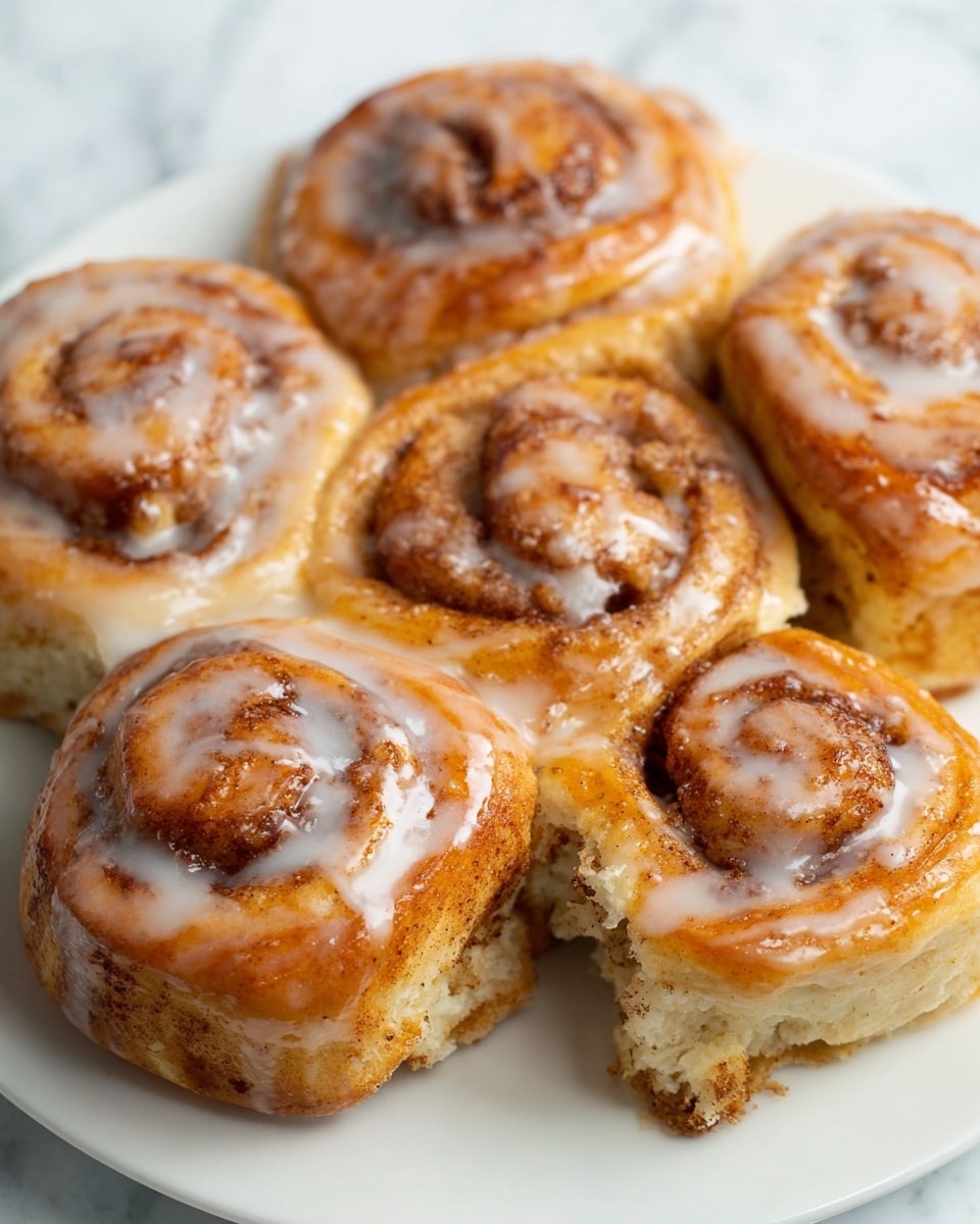 The image shows five golden-brown cinnamon rolls on a white plate set against a white marbled texture. Each roll has about three visible layers spiraled with a mix of light tan dough and darker cinnamon filling. The top layer looks soft and slightly glossy from a thin layer of white icing, which drips down the sides, adding a shiny texture. One cinnamon roll has a bite taken out, showing a fluffy, soft inside with cinnamon swirls. The rolls are closely arranged in a circular pattern, making the dish look warm and fresh. Photo taken with an iphone --ar 4:5 --v 7