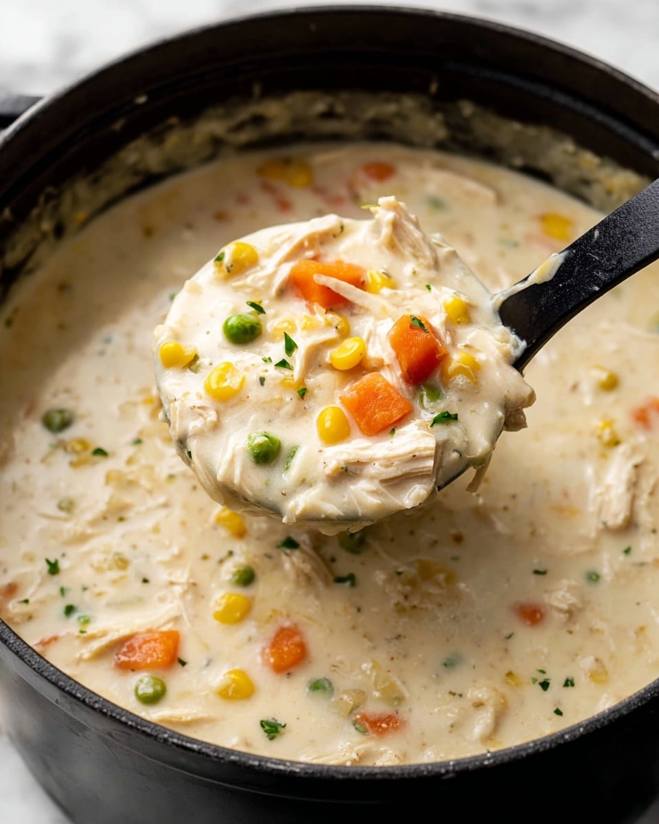 A thick, creamy chicken soup with a white base is shown scooped by a black ladle inside a black pot. The soup contains soft pieces of shredded chicken, diced orange carrots, yellow corn kernels, green peas, and small bits of green herbs, all evenly mixed throughout the smooth, velvety soup. The ladle is lifting a generous portion of the soup, highlighting the chunky texture and colorful vegetables. The background is a white marbled texture. photo taken with an iphone --ar 4:5 --v 7