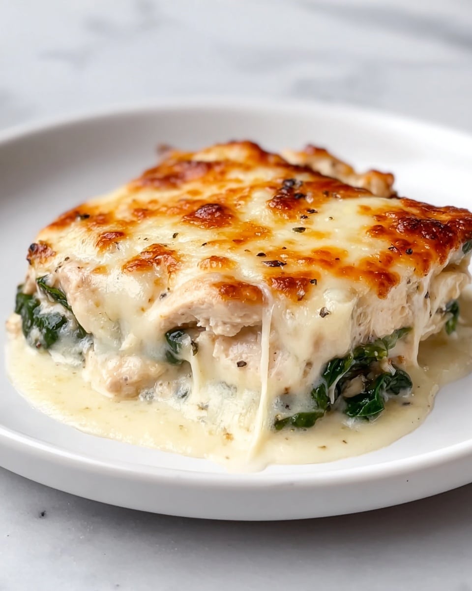 A white rectangular baking dish filled with a creamy casserole showing three visible layers: at the bottom, dark green cooked spinach with some white creamy sauce mixed in; in the middle, thick chunks of light-colored cooked chicken; and on top, a thick layer of melted cheese in creamy white and golden brown patches with a slightly crispy texture around the edges. A silver spoon rests on the right side inside the dish, scooping out a portion that reveals the leafy spinach under the cheese. The dish sits on a white marbled surface, with a fresh spinach leaf nearby. Photo taken with an iphone --ar 4:5 --v 7
