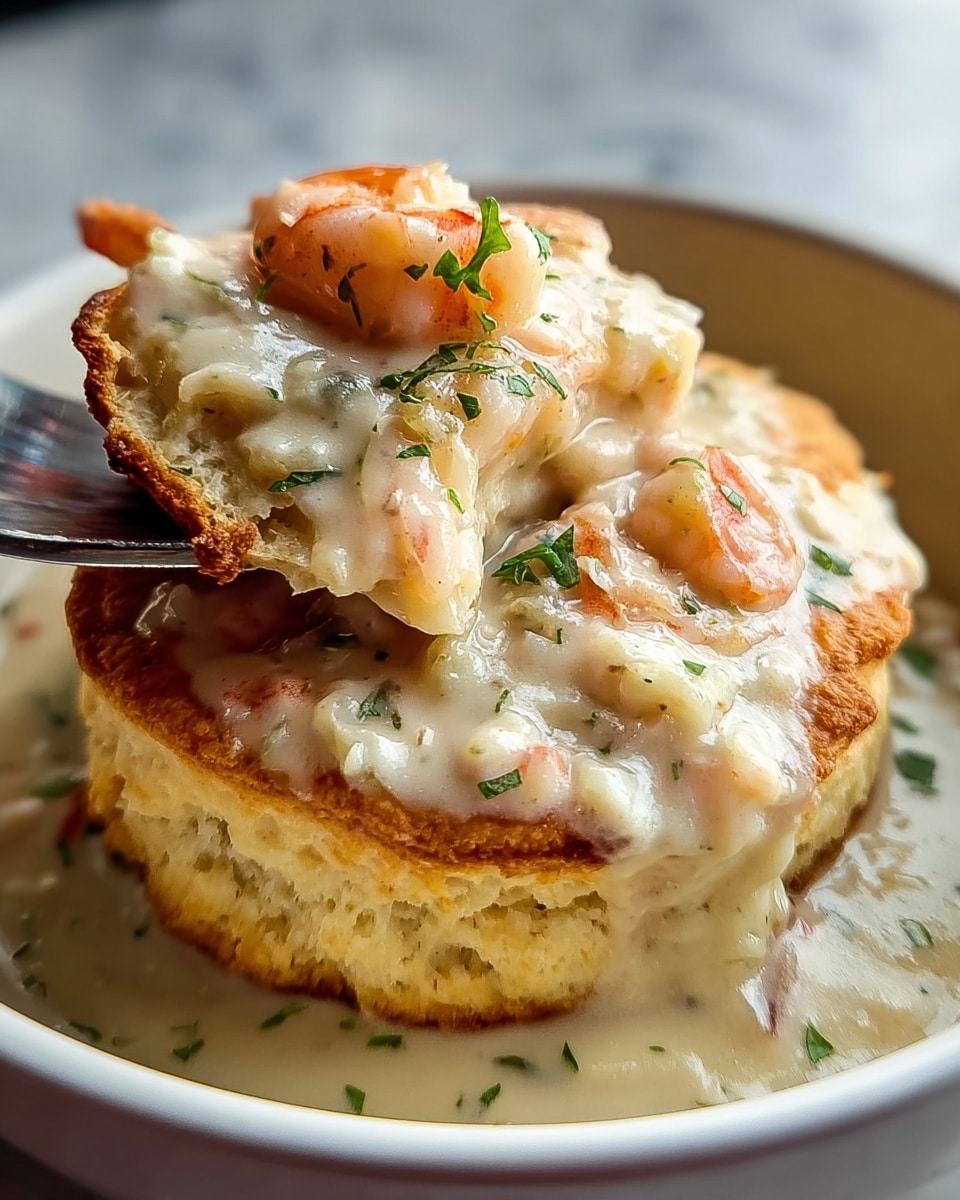 The image shows a dish with two layers placed on a white plate on a white marbled surface. The bottom layer is a golden-brown, fluffy biscuit or pastry with a slightly crispy edge. On top of this, there is a creamy white sauce mixed with small pieces of shrimp, which have a light orange-pink color. There are little green herbs sprinkled over the sauce and shrimp, adding a hint of freshness. A piece of the biscuit is lifted slightly, revealing the smooth and thick texture of the sauce inside. The lighting highlights the moist and soft texture of the dish. Photo taken with an iphone --ar 4:5 --v 7