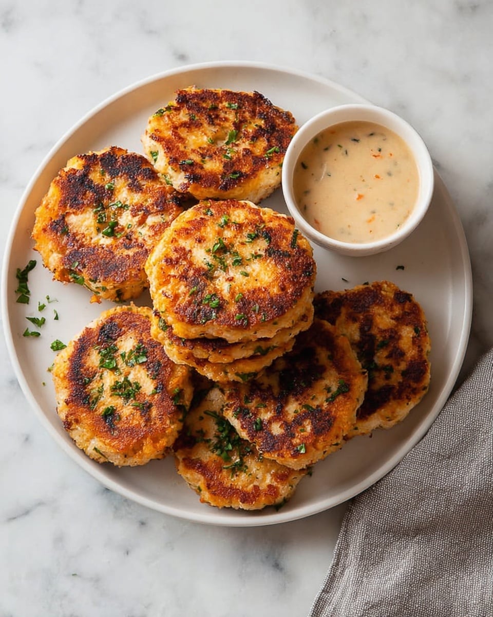 A stack of four golden brown patties with a crispy, slightly charred surface and a soft, beige interior with flecks of herbs is arranged on a white plate. Fresh green parsley leaves are placed on the plate for decoration. To the left of the patties, there is a small white bowl filled with white sauce mixed with small green herb pieces. The plate sits on a white marbled surface. photo taken with an iphone --ar 4:5 --v 7