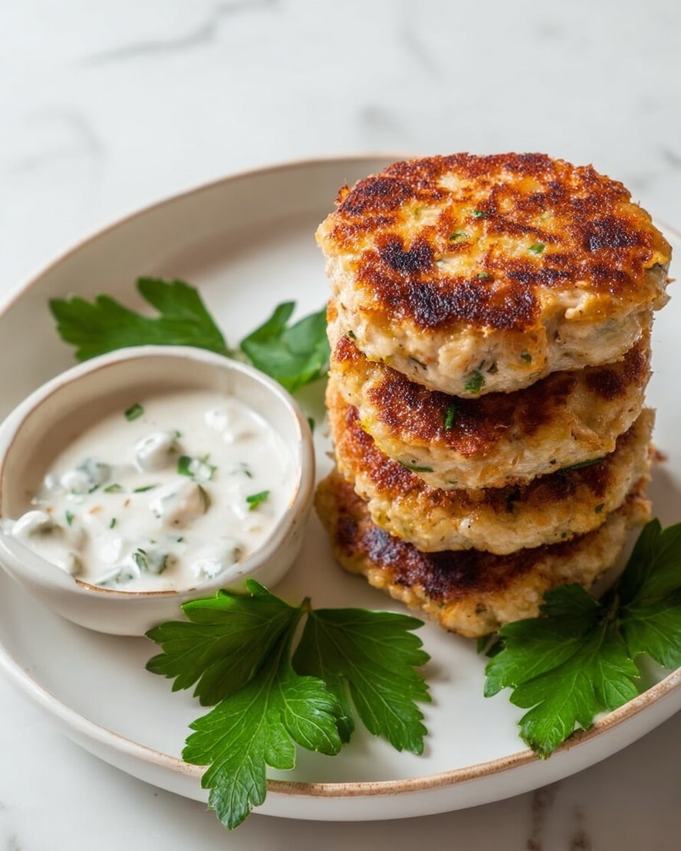 A round white plate holds a stack of eight golden-brown patties with crispy edges, each patty slightly thick and speckled with green herbs scattered on top, showing a textured surface from frying. The patties have a light orange-brown color with darker browned spots, some of which are more toasted. To the top right of the plate, there is a small white bowl filled with a creamy, light beige dipping sauce that has tiny green and orange specks. A gray cloth napkin is visible at the lower right side on a white marbled surface. photo taken with an iphone --ar 4:5 --v 7