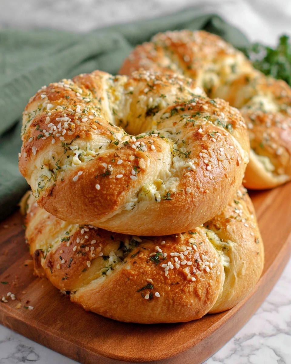This image shows three round, golden-brown bread rings stacked on a wooden board. Each bread ring has a shiny crust sprinkled with white sesame seeds and small green herb pieces. The bread has visible slits filled with melted cheese mixed with herbs, giving a textured look in creamy white and green shades. The soft and slightly flaky bread layers are thick and curved around the round shape. The background has a white marbled texture with a green cloth partially visible. Photo taken with an iphone --ar 4:5 --v 7