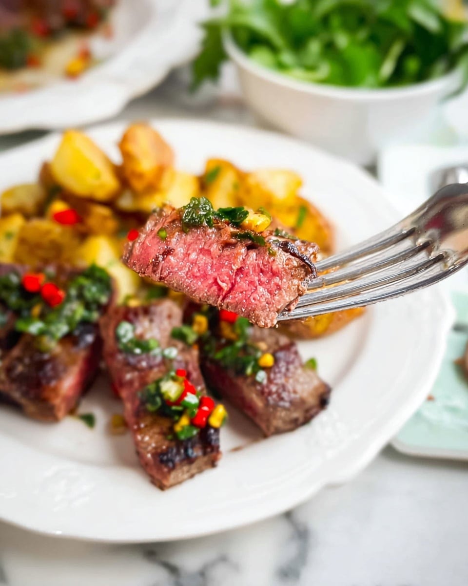 A white plate rests on a white marbled surface with a piece of medium-rare steak being held by a fork in the foreground, showing a pink and juicy texture with a lightly charred outer edge. The plate holds more steak pieces, topped with finely chopped green herbs and small red pepper bits, sitting beside a pile of golden-brown roasted potatoes mixed with bits of yellow corn and red peppers. In the background, a white bowl filled with fresh green leafy herbs is slightly blurred. Photo taken with an iphone --ar 4:5 --v 7