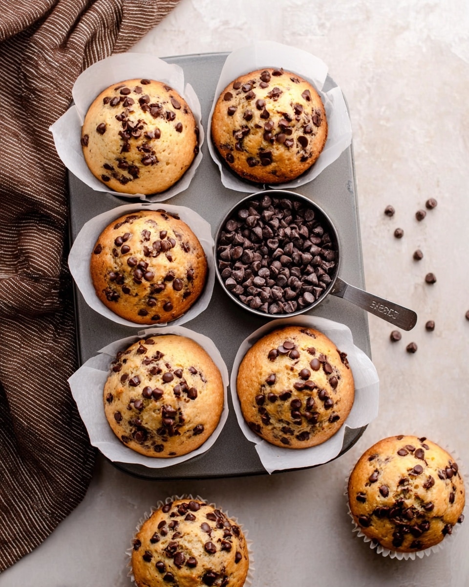 The image shows six golden-brown chocolate chip muffins in a gray muffin tin lined with white parchment paper; the muffins have a slightly cracked, soft texture on top and are filled generously with small, dark chocolate chips that cover the tops and peek through the sides. In the center of the tin, there is a small round metal measuring cup filled with more small, dark chocolate chips. Two muffins rest outside the tin on a light beige surface, while a white marbled surface acts as the background with a brown-striped cloth partially visible on the left side. The light is soft and natural, highlighting the warm color of the muffins. Photo taken with an iphone --ar 4:5 --v 7