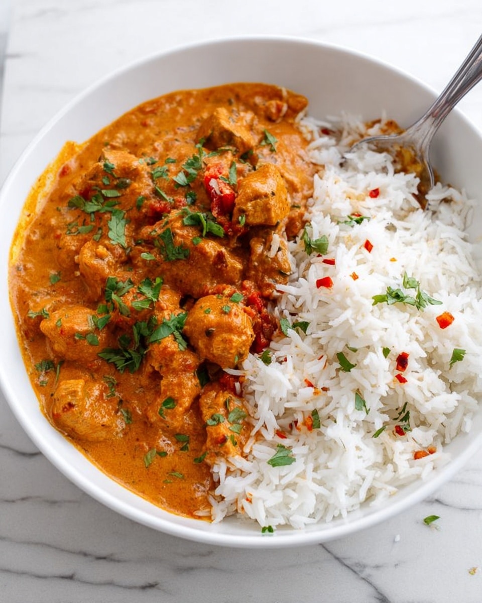 The image shows a white bowl filled with two layers: the bottom layer is fluffy white rice with individual grains visible, topped with a thick, creamy orange curry sauce containing pieces of chicken or mushrooms, garnished with chopped green herbs and red chili flakes scattered on top. A silver spoon rests inside the bowl on the right side, partly on the rice and curry. The bowl is placed on a white marbled surface with small scattered green herb leaves and red chili flakes around. Another similar bowl is partially visible at the top. In the bottom left corner, there is a small bowl filled with fresh green herbs. photo taken with an iphone --ar 4:5 --v 7