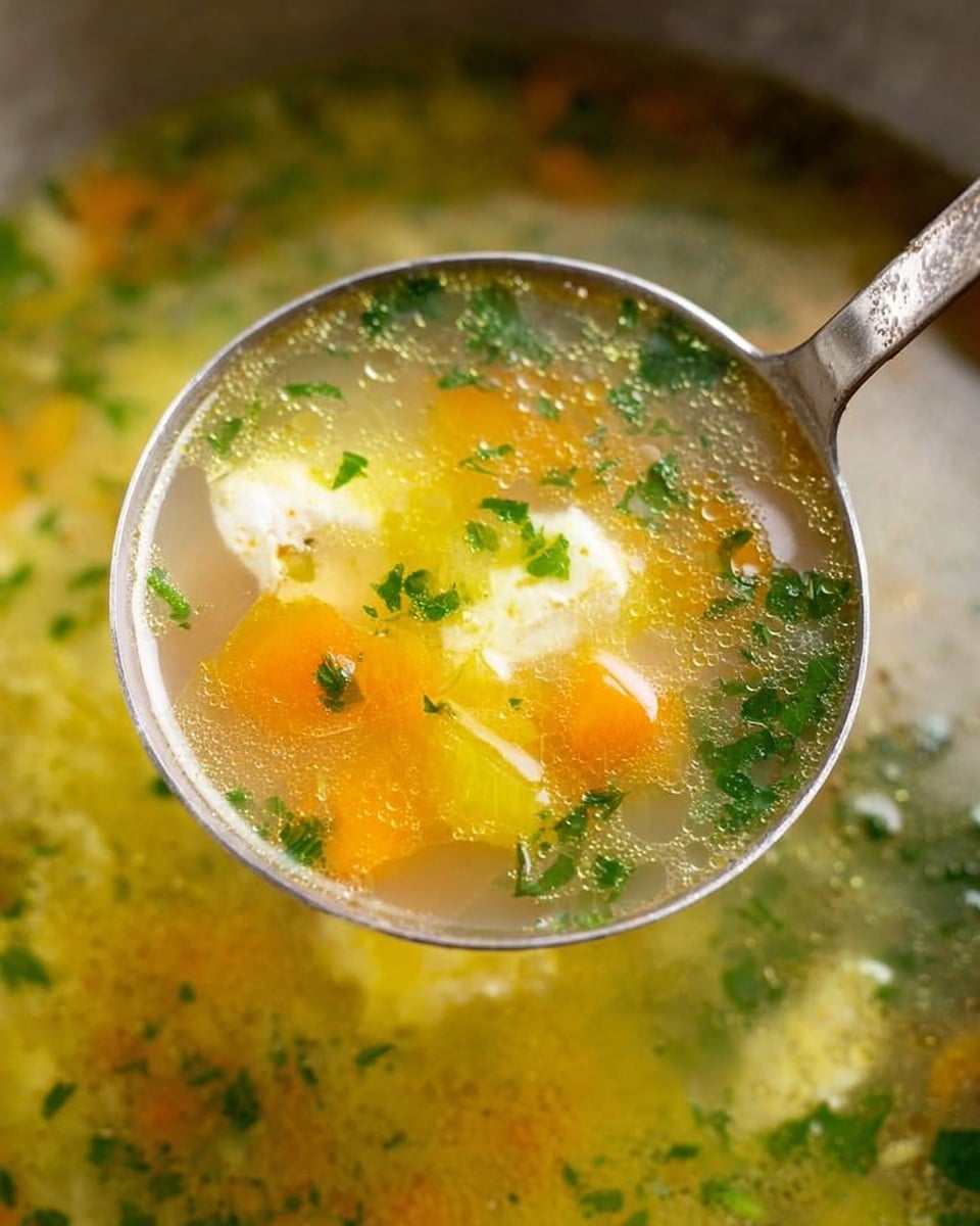 A close-up view of a silver ladle holding clear broth soup with visible ingredients inside; the soup has a light yellowish-green oily surface with small bubbles and finely chopped green herbs floating on top. Inside the ladle, there are pieces of soft orange carrot, pale yellow celery, translucent onion chunks, and a portion of white boiled egg visible, all mixed within the thin broth. The background shows more of the same soup with floating chopped green herbs and a white marbled texture underneath. The overall look is warm and fresh with a mix of bright and soft colors. photo taken with an iphone --ar 4:5 --v 7