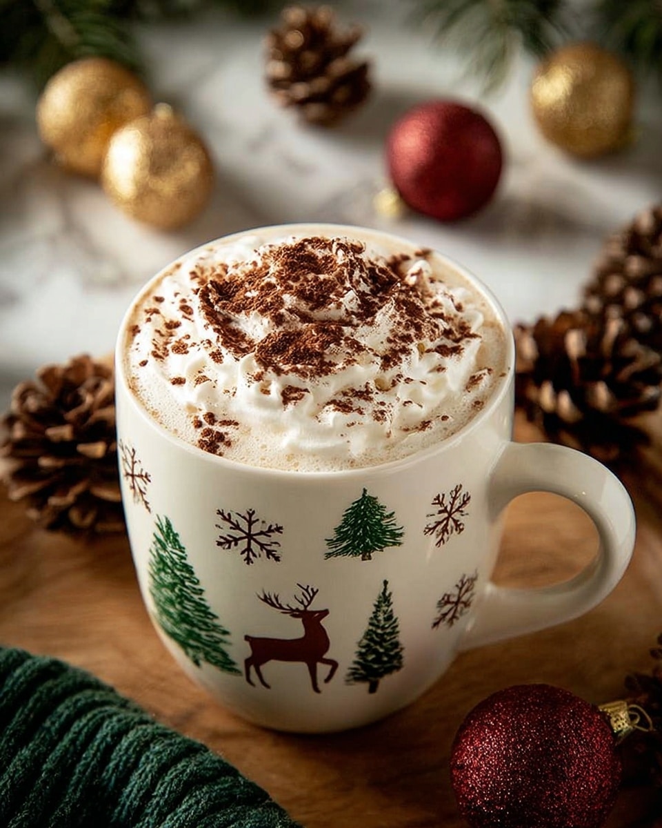 A white mug decorated with brown reindeer, green pine trees, and brown snowflakes is filled with a creamy coffee drink topped with a thick layer of whipped cream. The whipped cream is sprinkled generously with cocoa powder, creating a soft brown dusting over the white topping. The mug sits on a wooden table, surrounded by pine cones, golden and red Christmas ornaments, and green knitted fabric, all set against a white marbled background. photo taken with an iphone --ar 4:5 --v 7