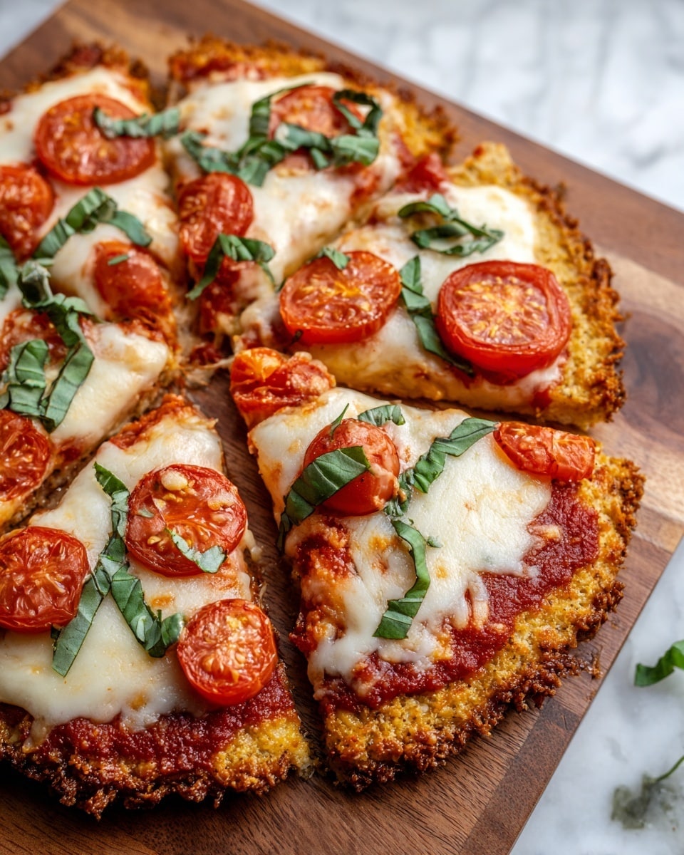 A close-up view of a small round pizza cut into six slices, laid on a wooden board. The bottom layer is a golden, crispy crust with a coarse, crumbly texture. Above the crust, there is a layer of chunky red tomato sauce visible near the edges and between toppings. The third layer consists of melted, slightly browned white cheese spread unevenly over the sauce. On top, there are glossy slices of fresh red tomatoes and scattered strips of bright green basil leaves, adding freshness and color contrast. The background is a white marbled texture. photo taken with an iphone --ar 4:5 --v 7