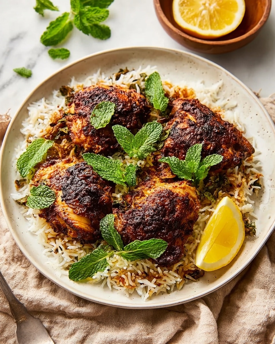 The dish is served on a white plate filled with a layer of fluffy white and golden-brown cooked rice as the base. On top, there are four pieces of dark brown, crispy grilled chicken thighs with a slightly charred texture. The chicken is garnished with fresh green mint leaves placed at different spots, adding a pop of color. A bright yellow lemon wedge rests on the right side of the plate. The plate is set on a soft beige cloth, and the background shows a white marbled surface with a small wooden bowl holding a sliced lemon at the top right corner. Photo taken with an iphone --ar 4:5 --v 7