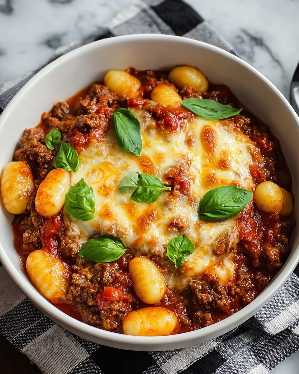 The image shows a white bowl filled with a layered gnocchi dish. The bottom layer is chunky red tomato sauce mixed with browned ground meat, giving a rich, textured base. On top of this is a thick layer of melted, golden-brown cheese that covers most of the gnocchi and sauce beneath. Scattered fresh green basil leaves are placed on and around the cheese, adding a pop of color. The gnocchi are oval-shaped, plump, and light yellow, peeking through the sauce and cheese. The bowl sits on a cloth with a black-and-white checkered pattern, all on a white marbled texture. Photo taken with an iphone --ar 4:5 --v 7