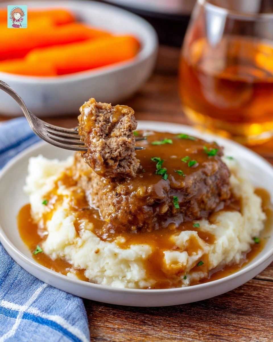 A white plate holds a bed of creamy mashed potatoes with smooth, white texture, topped with a thick, browned meatloaf slice covered in shiny, rich brown gravy. The gravy is spread across the mashed potatoes, pooling slightly at the edges, and garnished with small green herbs. A silver fork is lifting a piece of the meatloaf, showing crumbly inside texture. The plate is set on a wooden surface with a glass of amber-colored drink and a bowl of bright orange carrots blurred in the background. Photo taken with an iphone --ar 4:5 --v 7
