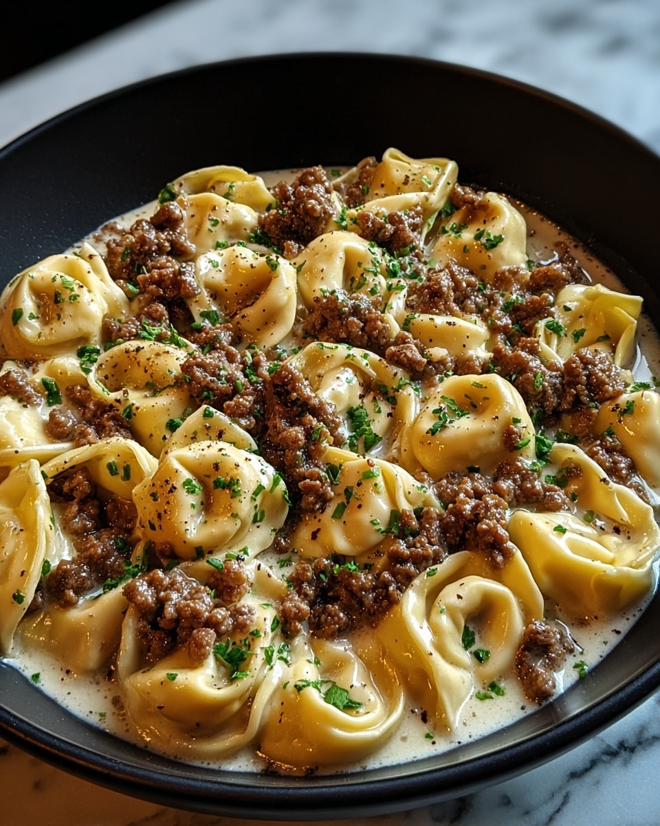 A black bowl is filled with creamy sauce as the bottom layer, light yellow and smooth with some specks of black pepper. On top of the sauce, there is a layer of folded tortellini pasta, pale yellow and slightly shiny, arranged close together. Spread evenly among the pasta are small chunks of browned ground meat, rich brown in color and textured. The dish is sprinkled with finely chopped green herbs that add a fresh look. The background is a white marbled texture. photo taken with an iphone --ar 4:5 --v 7